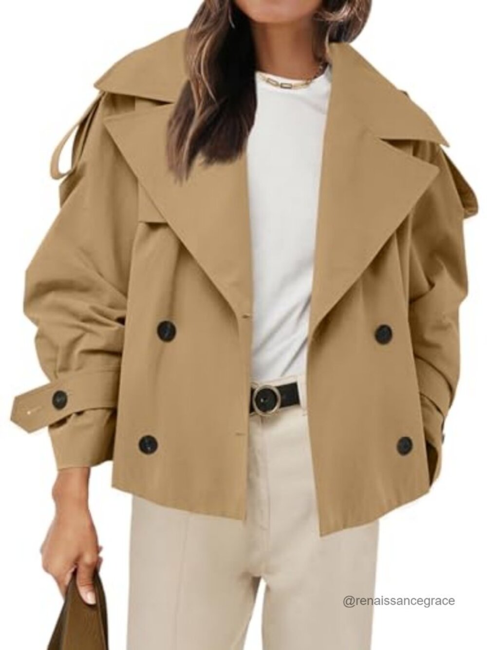 Cropped Trench Coat Double Breasted Belted Loose Fit Windproof Women's Jacket